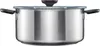 A stainless steel pot with a glass lid and black handles, shown from the front. Podgląd zdjęcia produktu