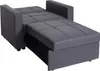 A dark gray sofa bed is shown in a partially extended state, revealing its sleeping surface and storage compartment. Produktbild-Vorschau
