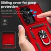 A hand holding a red smartphone case with a sliding camera cover and a ring holder. Produktbild-Vorschau