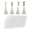 A set of piping tips and disposable piping bags are displayed against a white background, with examples of frosting decorations shown above the tips. Produktbild-Vorschau