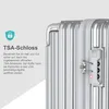 Close-up of a silver suitcase with a TSA lock and descriptive text about the lock. Anteprima dell’immagine prodotto