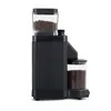 A black MOCCAMASTER coffee grinder with coffee beans in the top hopper and ground coffee in the bottom container, shown against a white background. Produktbild-Vorschau