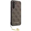 A brown phone case with a repeating Guess logo pattern and a gold charm attached to a lanyard. Podgląd zdjęcia produktu