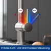 A close-up of a kitchen faucet with visual indicators for hot and cold water flow. Produktbild-Vorschau