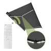 A gray retractable awning with integrated LED lighting, shown from a low angle with a remote control in the foreground. Produktbild-Vorschau