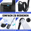 Collage of four images showing how to use a portable camping shower. Produktbild-Vorschau