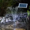 A solar-powered fountain operating in a pond at night, with a solar panel visible above. Produktbild-Vorschau