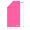 A pink microfiber towel with a blue loop, laid flat and folded at one corner. Dimensions are indicated. Produktbild-Vorschau