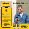 A man is looking at his smartphone, with an advertisement for the WAGNER DIY App displayed on the left side of the image. Náhled obrázku produktu