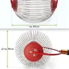 Two views of a red and silver nut collector tool, with dimensions indicated. Produktbild-Vorschau