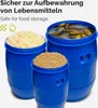 Three blue plastic barrels are shown, two full and one partially full, containing different food items. The barrels are arranged diagonally in the frame. Text is present at the top of the image. Produktbild-Vorschau