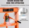 Close-up of a hydraulic bottle jack on an orange metal frame, with text overlays highlighting safety features. Anteprima dell’immagine prodotto