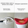 A collage of images showing a white ear hook device and a red and white lip-shaped device, with German text descriptions. Produktbild-Vorschau