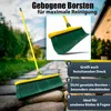 A broom with green bristles and a yellow handle is shown on a stone path in a garden setting. An inset image highlights the broom's bristles. Text overlays describe features. Produktbild-Vorschau