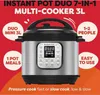 A marketing image of an Instant Pot Duo 7-in-1 Multi-Cooker 3L, with text overlays highlighting its features and capacity. Produktbild-Vorschau