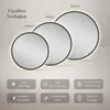 Three round mirrors of different sizes are displayed with lighting around their edges. Below the mirrors are several grey rectangular boxes with icons and text describing product features. Podgląd zdjęcia produktu