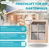 A wooden garden house with a window, accompanied by marketing text and icons highlighting product features. Produktbild-Vorschau