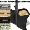 The image shows black sandbags, with smaller inset images illustrating different filling materials like pebbles, sand, mud, and water bottles. The sandbags are positioned next to a dark pole, with one bag filled with sand. Produktbild-Vorschau