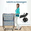 A woman is standing next to a folded guest bed with wheels. A close-up of the wheel and text highlighting its 360-degree swivel feature is shown. Anteprima dell’immagine prodotto