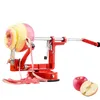 A red apple peeler is shown with an apple being peeled. The peelings are visible, and two whole apples and one cut apple are shown in the lower right corner. Produktbild-Vorschau