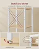 Collage showing details of a bookshelf, including its X-bracing, adjustable feet, and anti-tip mechanism. Produktbild-Vorschau