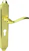 A brass door handle set with a keyhole escutcheon plate, isolated on a white background. Produktbild-Vorschau