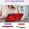 A person's hands are visible in the background, and a red phone case with a metal ring kickstand is displayed prominently in the foreground. The bottom of the image shows two smaller images illustrating the phone case's features. Produktbild-Vorschau