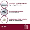 Three circular insets show details of a glass shelf, its mounting hardware, and included screws and dowels, with accompanying German and English text descriptions. Produktbild-Vorschau