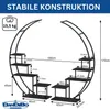 A diagram showing the dimensions of a black, circular plant stand with multiple shelves. Anteprima dell’immagine prodotto