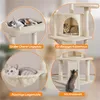 A collage of four images showcasing different features of a cat tree, with cats interacting with each feature. Podgląd zdjęcia produktu