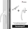 A product image showing a window handle and screws, with text indicating it is a window handle and includes mounting screws. Produktbild-Vorschau