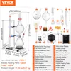 A laboratory distillation setup with various components and a heating plate, presented with a numbered list of parts. Produktbild-Vorschau