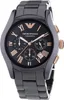A close-up studio shot of a black Emporio Armani ceramic chronograph watch with rose gold accents. Produktbild-Vorschau