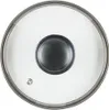 A top-down view of a glass pot lid with a silver rim and a black handle. Náhled obrázku produktu
