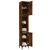 A tall, narrow wooden cabinet with several shelves and two doors, one of which is open, displaying various bathroom items and folded towels. Náhľad obrázku produktu