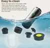 A portable coffee maker and its disassembled parts are shown submerged in water, illustrating its easy-to-clean feature. Podgląd zdjęcia produktu