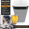 A woman holding a cat next to a Brandson heater, with marketing text and a shield icon. Produktbild-Vorschau