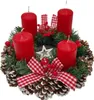 A Christmas advent wreath with four red pillar candles, decorated with pine cones, greenery, red berries, and gingham ribbons. Produktbild-Vorschau