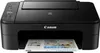 A black Canon Pixma printer is shown from the front, with a printed document partially emerging from the output tray. Produktbild-Vorschau