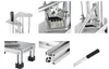 A collage of close-up images showing different parts of a vertical potato chip slicer. Náhled obrázku produktu