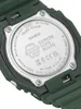 Close-up of the back of a green Casio G-Shock watch, showing the metal case back with engraved text and logos. Produktbild-Vorschau