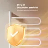 A white towel warmer with U-shaped bars is shown, with a golden shield icon and text overlay indicating fast heating and antibacterial properties. Produktbild-Vorschau