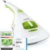 A white mite vacuum cleaner with green accents is shown, along with two quality seals/awards. Produktbild-Vorschau