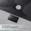 A black shower tray with a stone-like texture is shown, with a separate black tile piece and a black drain cover. Text overlays describe the product's features. Náhled obrázku produktu
