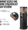 A close-up of a black patio heater with text and diagrams describing its features. Produktbild-Vorschau