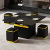 A black coffee table with yellow accents and four black stools with yellow accents, set on a light gray carpet. Voir les images du produit