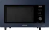 A front view of a dark blue Samsung microwave oven on a white background. Voir les images du produit