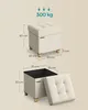 Two diagrams of a cream-colored storage ottoman, showing its dimensions and how it opens. Produktbild-Vorschau