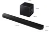 A soundbar and subwoofer with dimensions indicated by measurement lines and text. Produktbild-Vorschau
