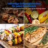 A collage of four images showcasing various grilled foods, including meat, vegetables, and fish, with German text overlay. Produktbild-Vorschau